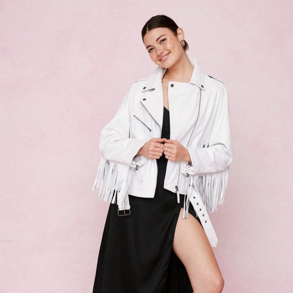 Nasty Gal White Leather Hitched Fringe Moto Jacket